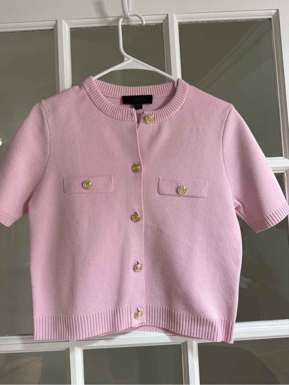Zara Pink Short-Sleeve Button Cardigan with Gold Buttons